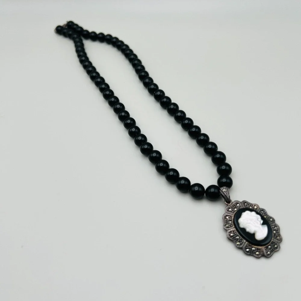 Vintage Mother of Pearl Cameo Sterling Silver Marcasite Frame Black Beaded Chain